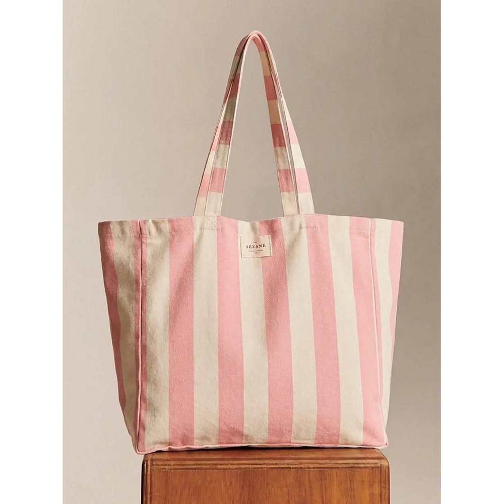Sezane Paris Pink and Cream Striped Canvas Oversized Tote Bag Large Market Bag